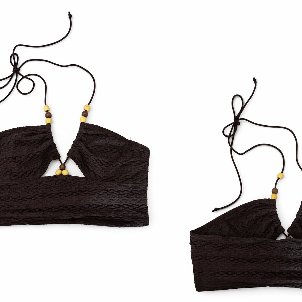 Brown Textured Halter Crop Top with Wooden Bead Accents